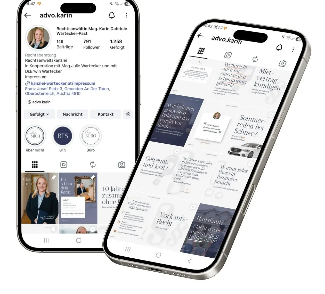 Instagram-Profil advo.karin nach der Neugestaltung mit abgestimmtem Feed