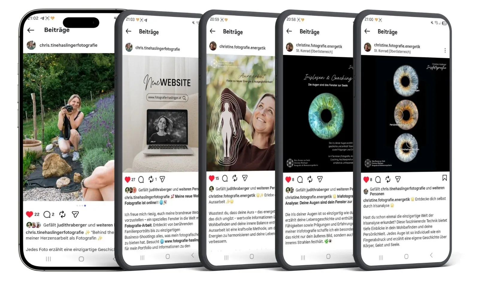 Instagram-Posts für Fotografie- und Energetik-Profile auf mehreren Smartphones