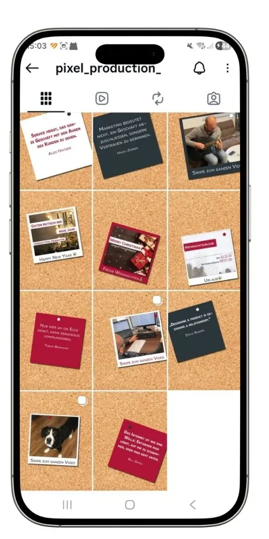 Instagram-Profil von Pixel Production vor der Überarbeitung